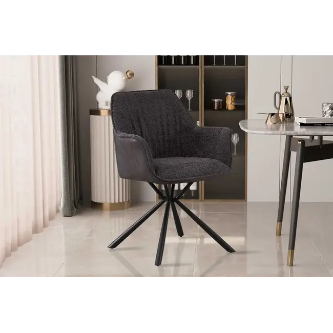 Swiss Homes® Eetkamerstoel - 'Lucie' Bouclé Grijs Rug PU Lichtgrijs | Metalen Poten