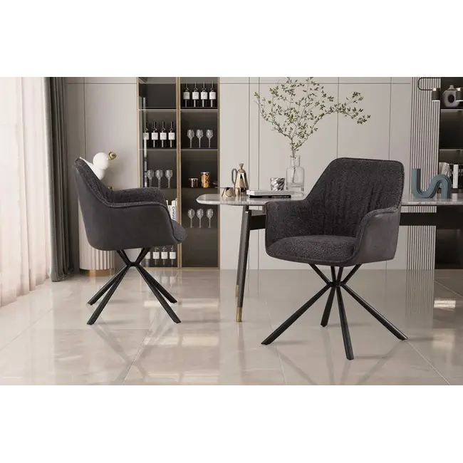 Swiss Homes® Eetkamerstoel - 'Lucie' Bouclé Grijs Rug PU Lichtgrijs | Metalen Poten