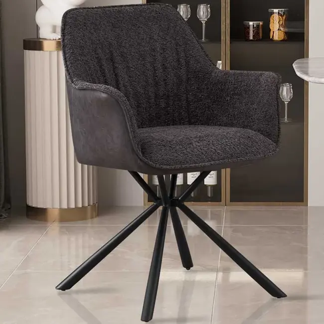 Swiss Homes® Eetkamerstoel - 'Lucie' Bouclé Grijs Rug PU Lichtgrijs | Metalen Poten