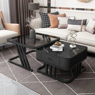 Swiss Homes® Luxe Salontafel Set – Zwart - 2 Delig - Marmerlook & Gehard Glas | Square Series
