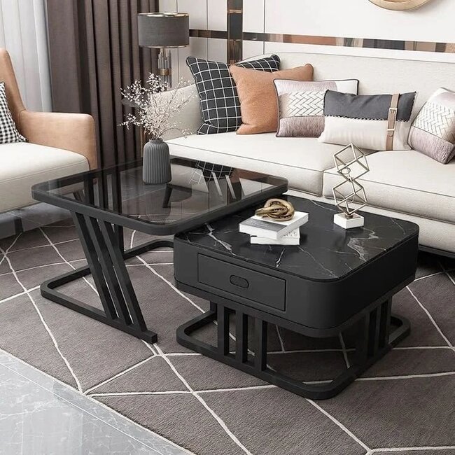 Swiss Homes® Luxe Salontafel Set – Zwart - 2 Delig - Marmerlook & Gehard Glas | Square Series