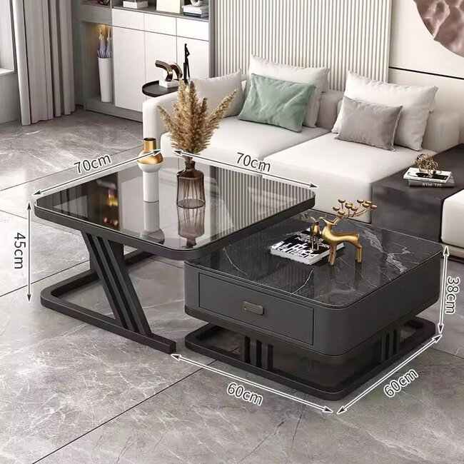 Swiss Homes® Luxe Salontafel Set – Zwart - 2 Delig - Marmerlook & Gehard Glas | Square Series