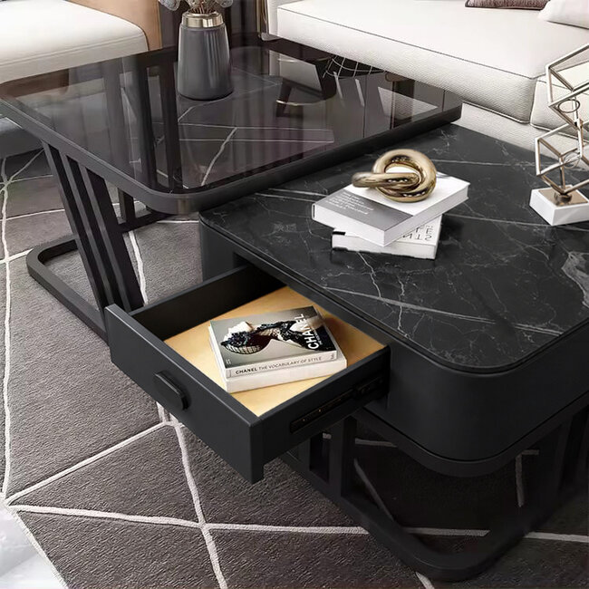 Swiss Homes® Luxe Salontafel Set – Zwart - 2 Delig - Marmerlook & Gehard Glas | Square Series