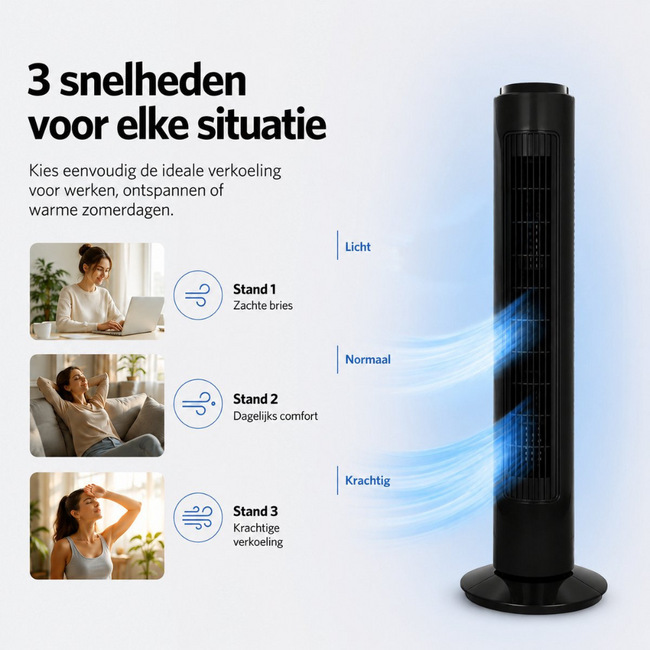 Hausberg Pro® Toren Ventilator 75CM | 3 Snelheden | 90° Oscillerend - Krachtig & Stil | Staand Torenventilator