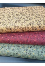 Stoffabrics 100% katoen mosterdkleur takjes en blaadjes