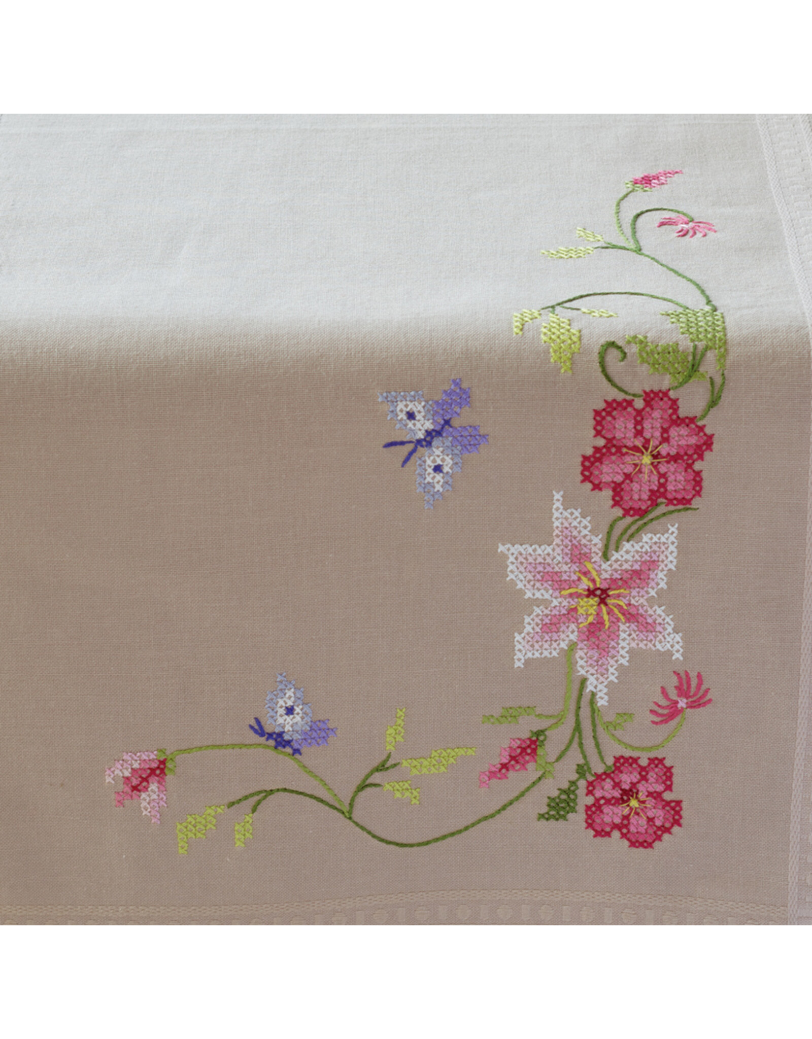 Vervaco Vervaco Borduurpakket loper Roze bloemen met vlinders 40x100cm