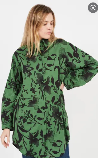 OBJECT OBJECT - Billie longshirt artichoke groen met zwarte bloem Maat 40