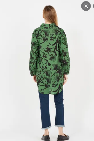 OBJECT OBJECT - Billie longshirt artichoke groen met zwarte bloem Maat 40