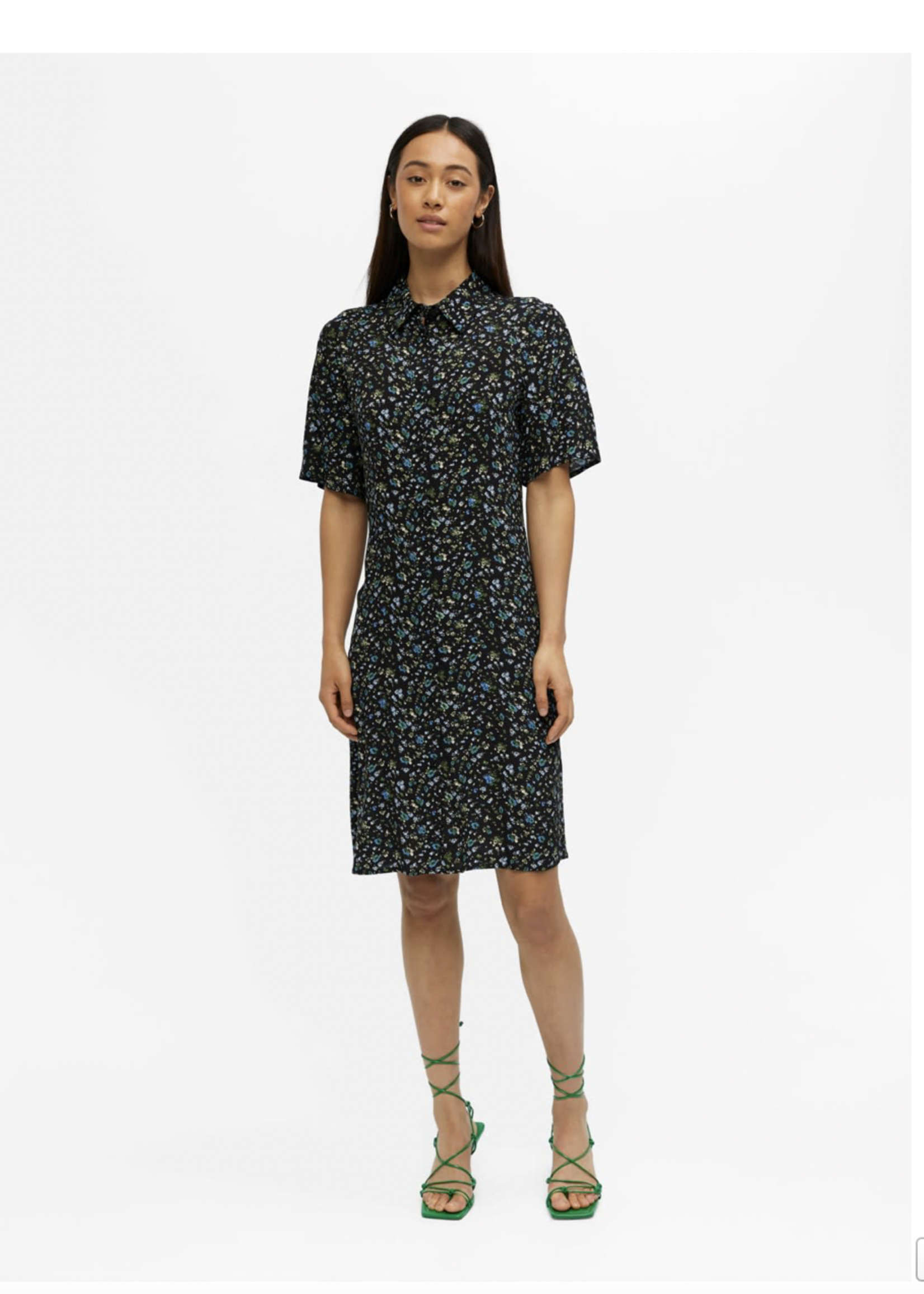OBJECT OBJECT - Jurk Janni 2/4  zwart met bloemen blauw groen