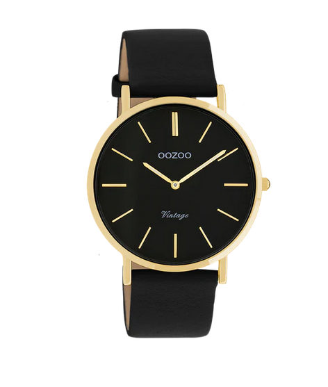 OOZOO OOZOO - Gouden horloge met zwarte leren band - C20180