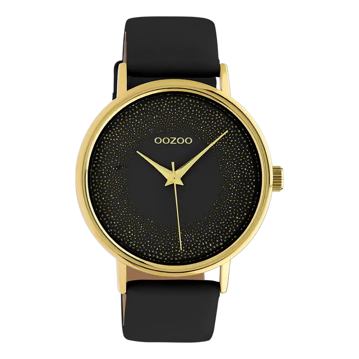 OOZOO OOZOO - Horloge goudkleurig met zwarte leren band C10837