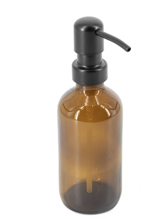 -- Glazen fles amber 250ml met RVS pomp