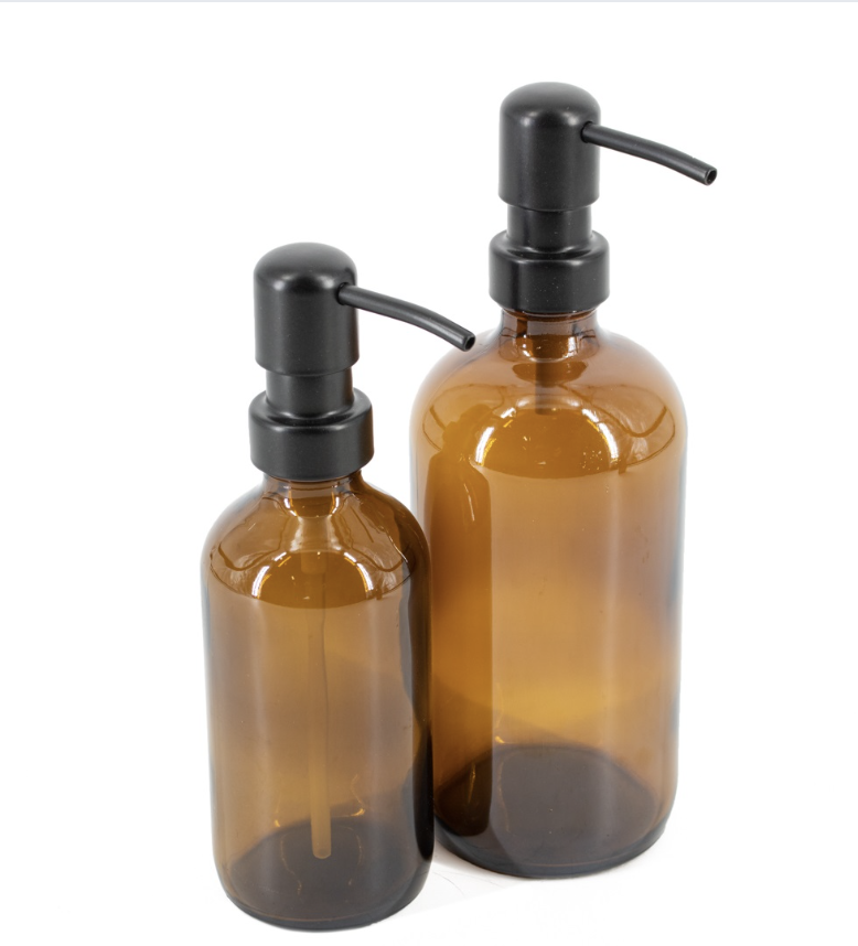 -- Glazen fles amber 250ml met RVS pomp