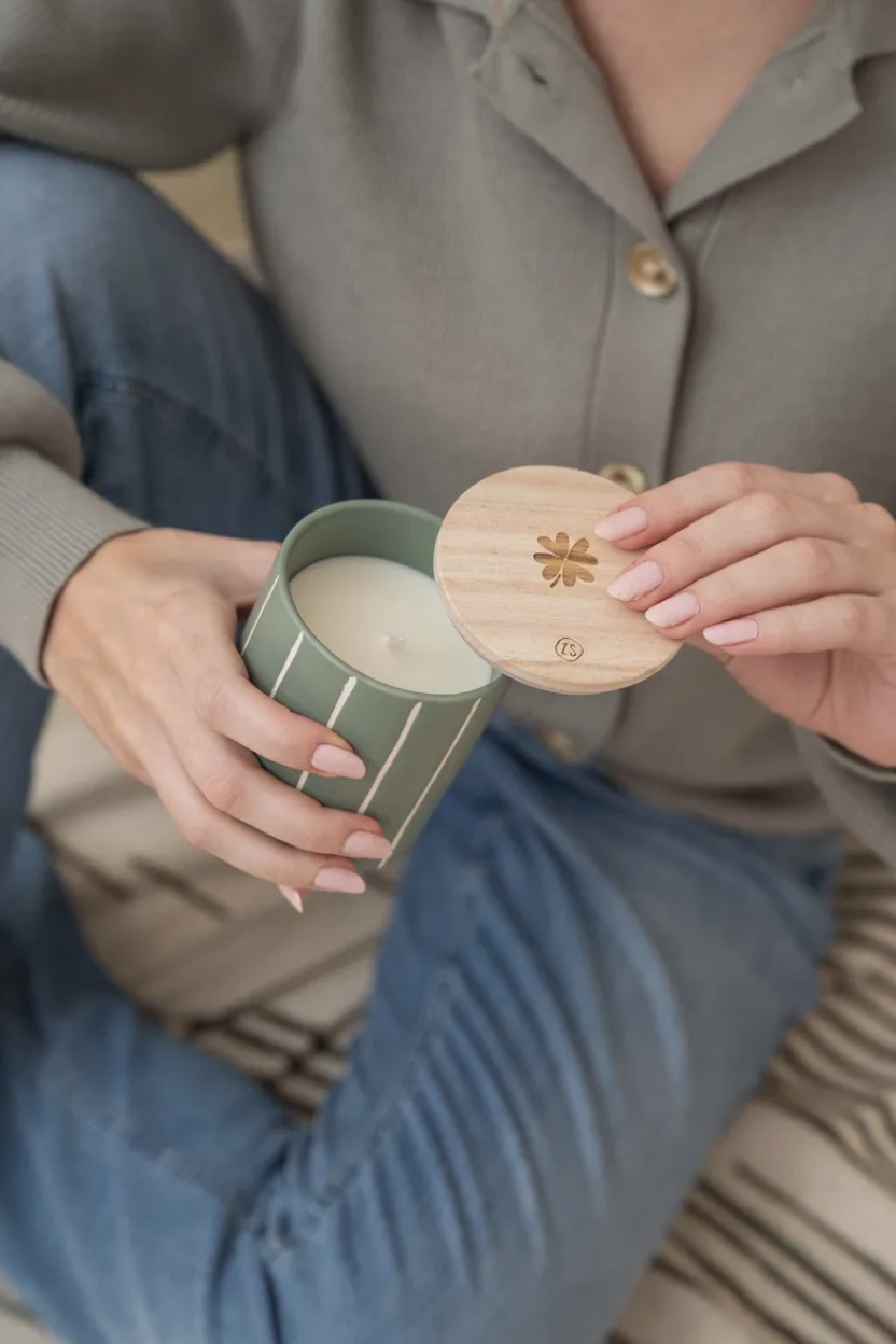 ZUSSS ZUSSS - Keramieken geurkaars met houten deksel klavertje salie