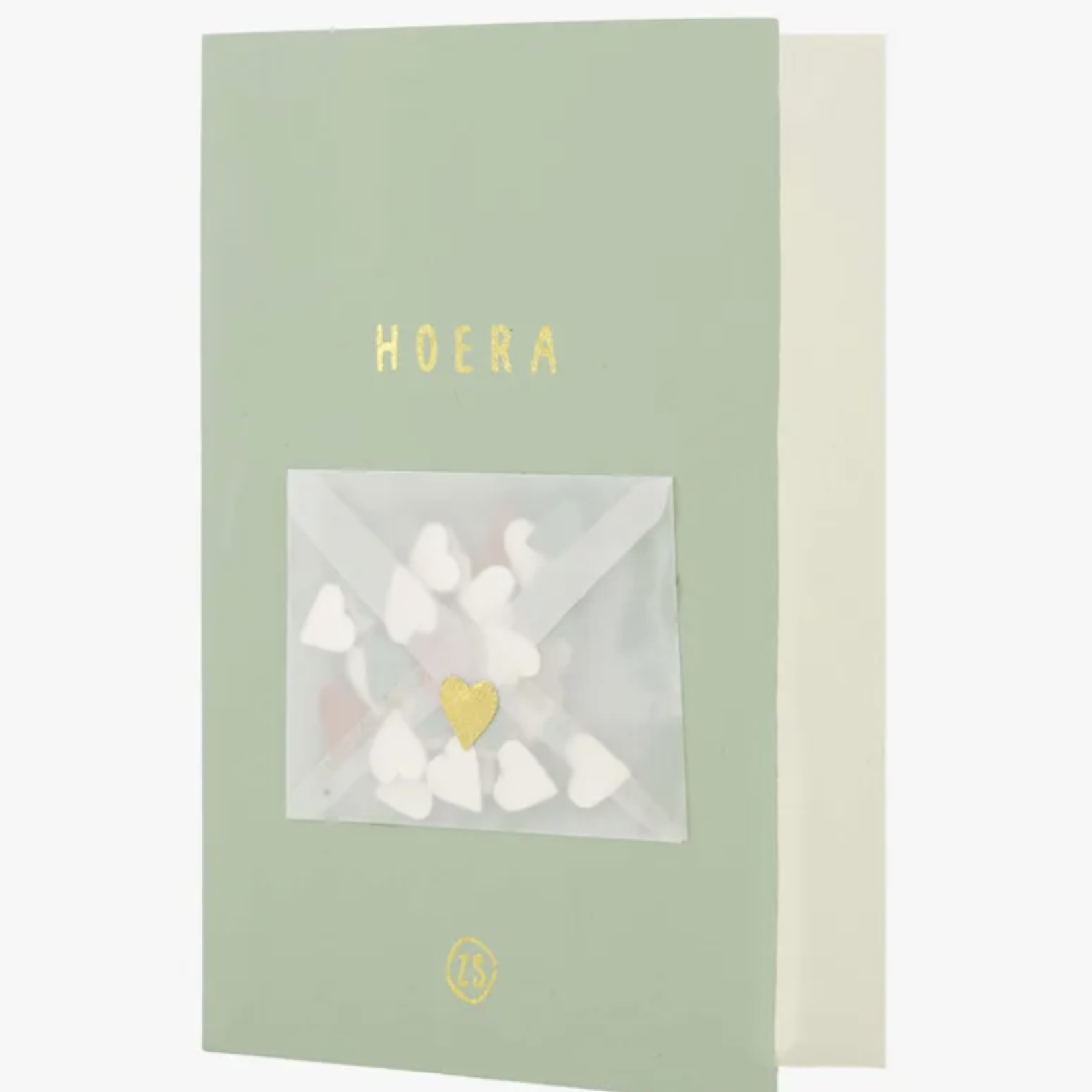 ZUSSS ZUSSS - Wenskaart hoera met hartjes confetti saliegroen