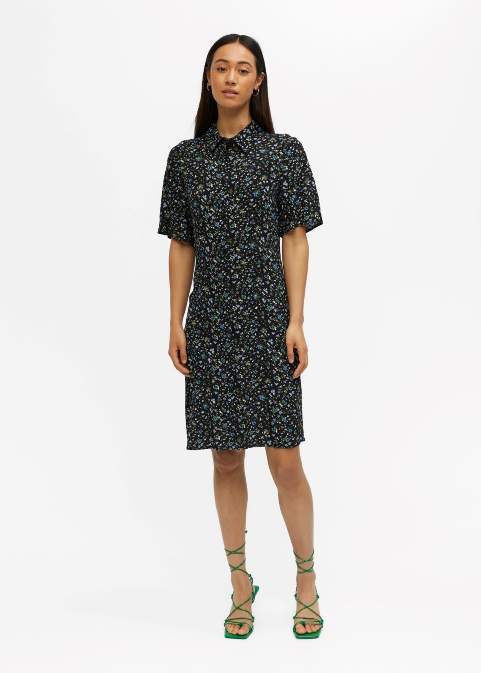 OBJECT OBJECT - Jurk Janni 2/4  zwart met bloemen blauw groen
