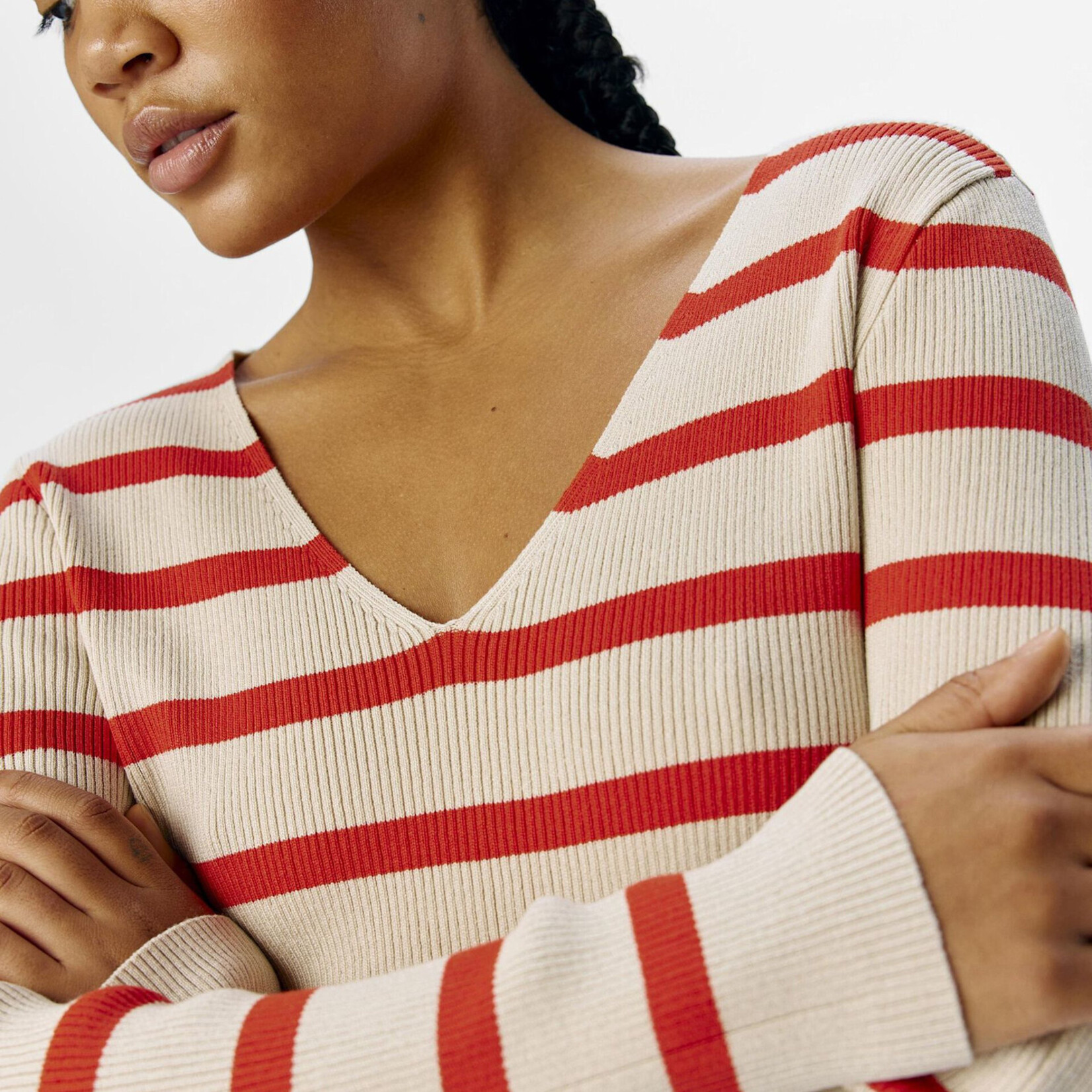 OBJECT OBJECT - Pullover Ester gestreept v-neck knit sandshell/fiesta