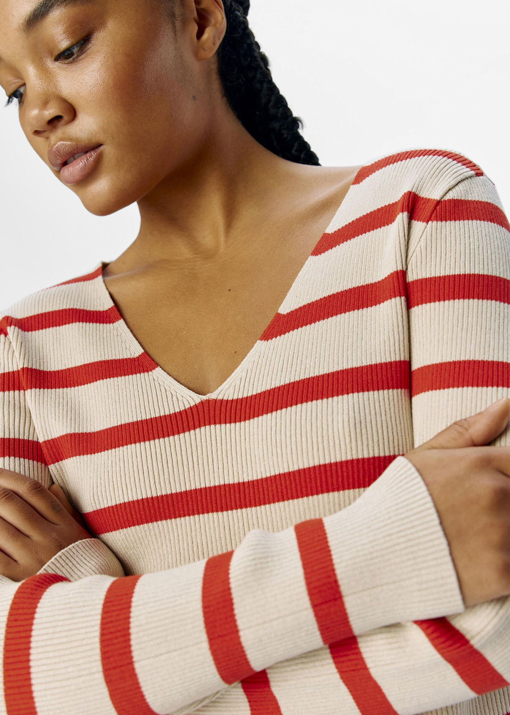 OBJECT OBJECT - Pullover Ester gestreept v-neck knit sandshell/fiesta