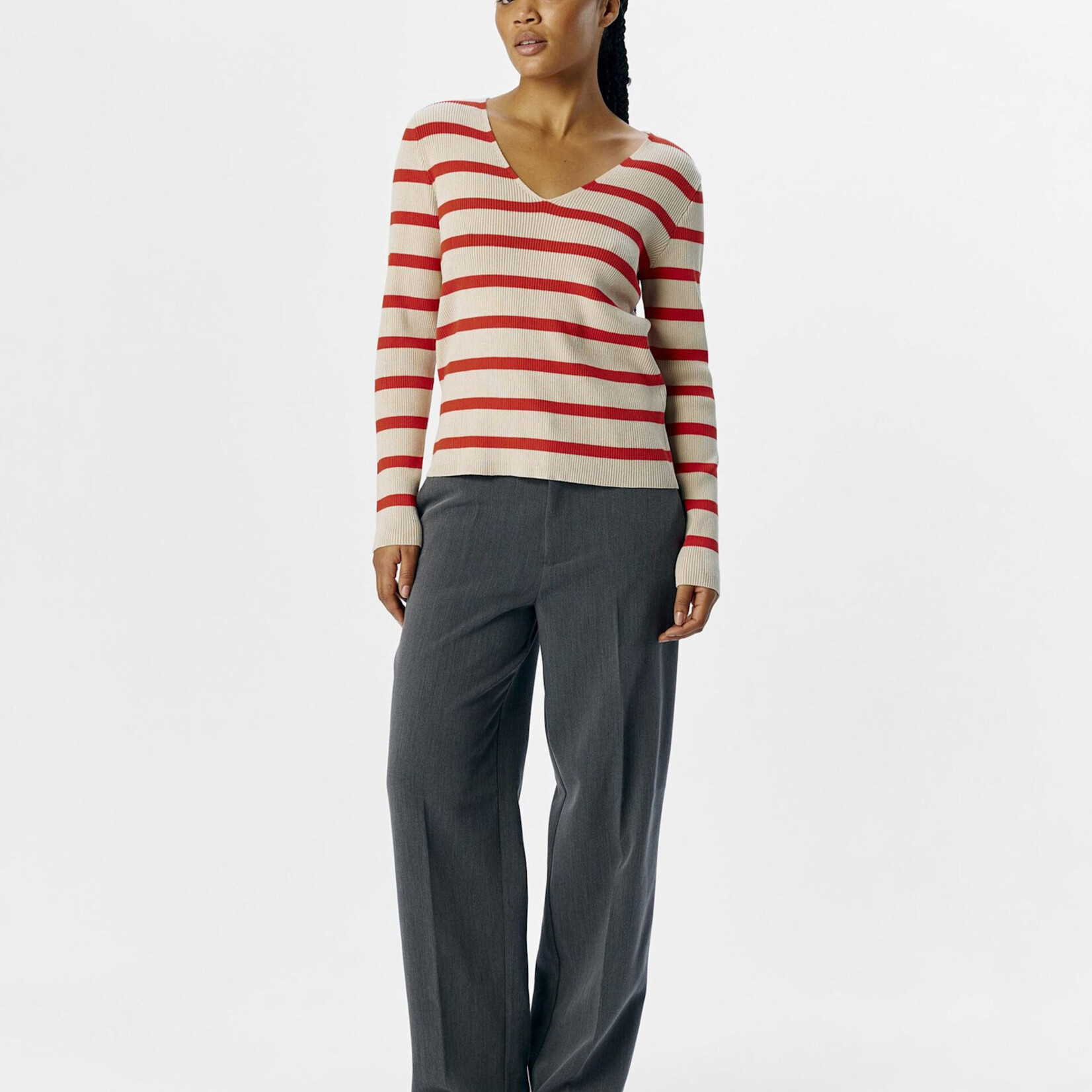 OBJECT OBJECT - Pullover Ester gestreept v-neck knit sandshell/fiesta