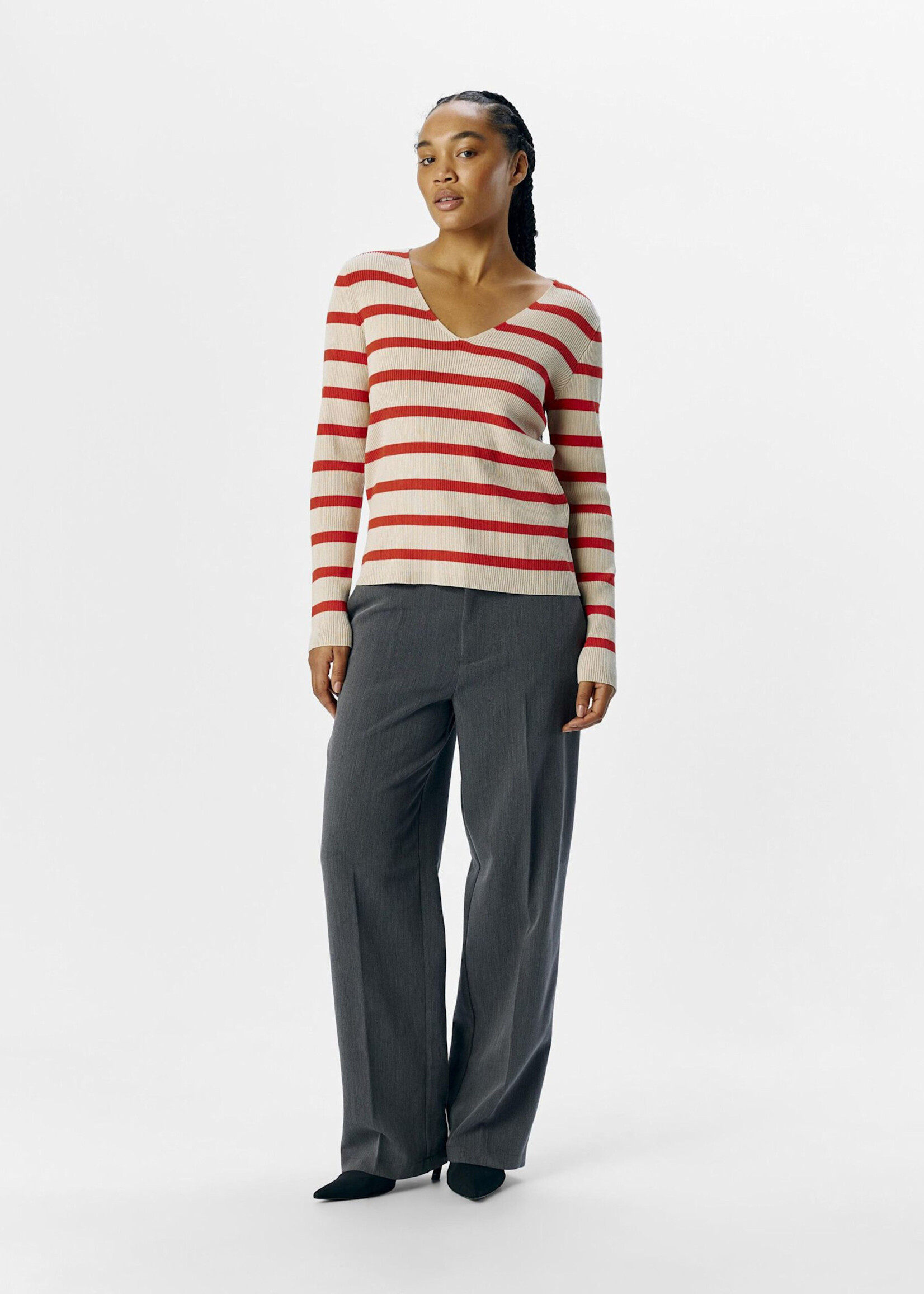 OBJECT OBJECT - Pullover Ester gestreept v-neck knit sandshell/fiesta