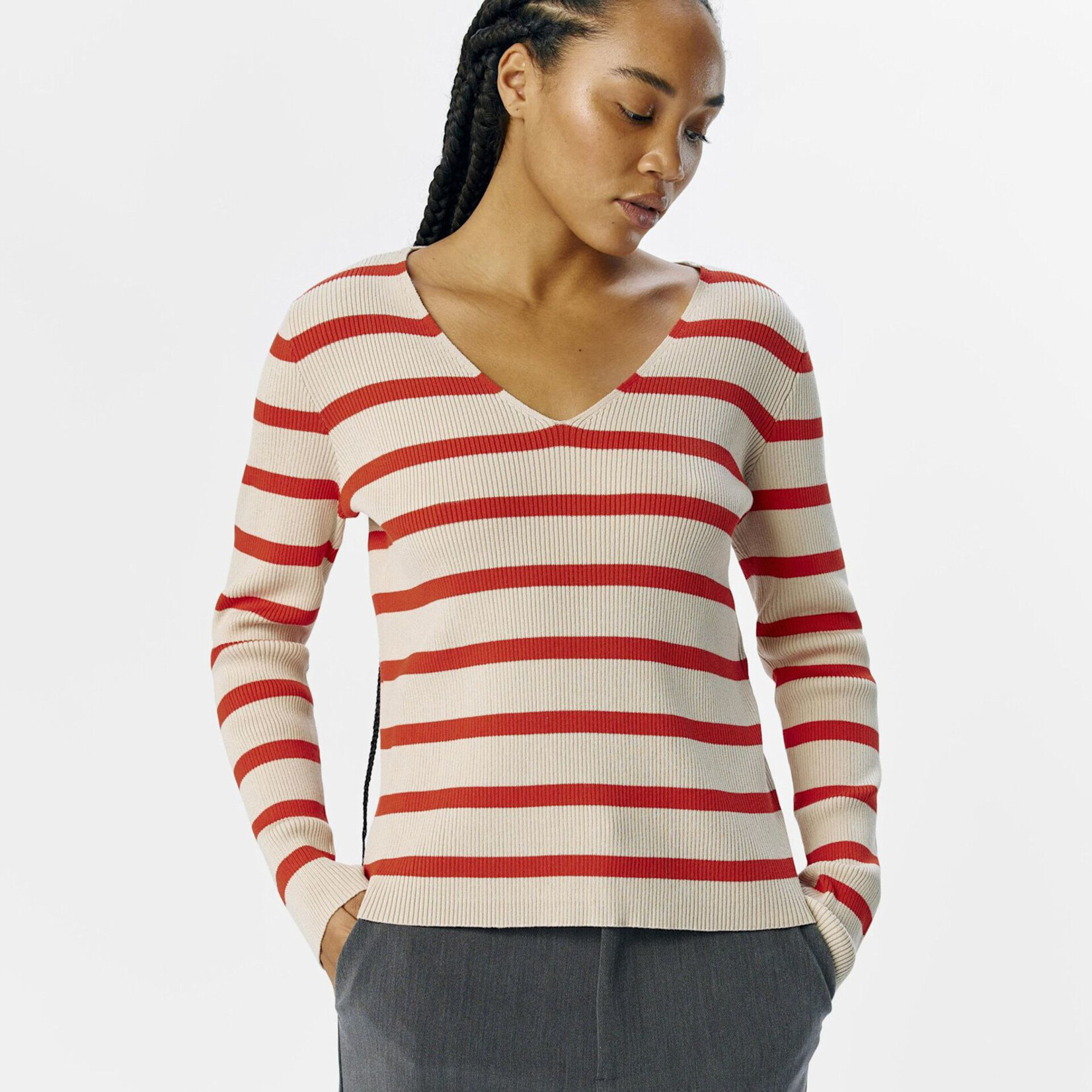OBJECT OBJECT - Pullover Ester gestreept v-neck knit sandshell/fiesta