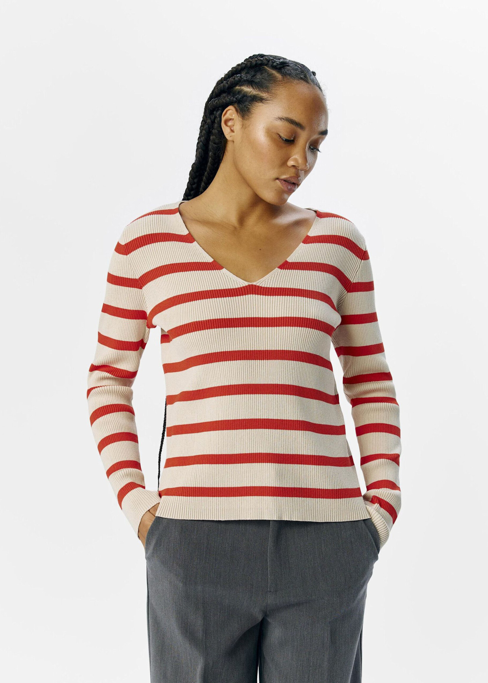 OBJECT OBJECT - Pullover Ester gestreept v-neck knit sandshell/fiesta