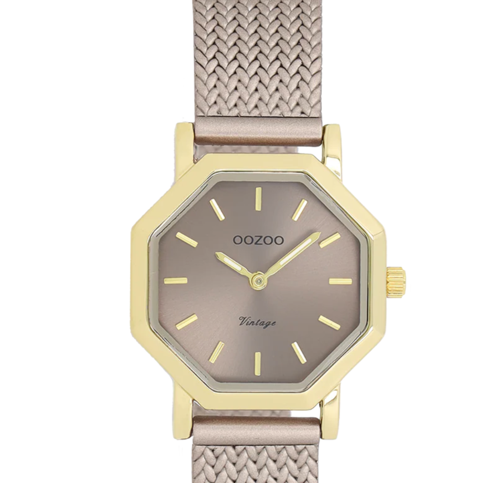 OOZOO OOZOO - Goudkleurig  horloge met taupe metalen V-mesh band - C20439