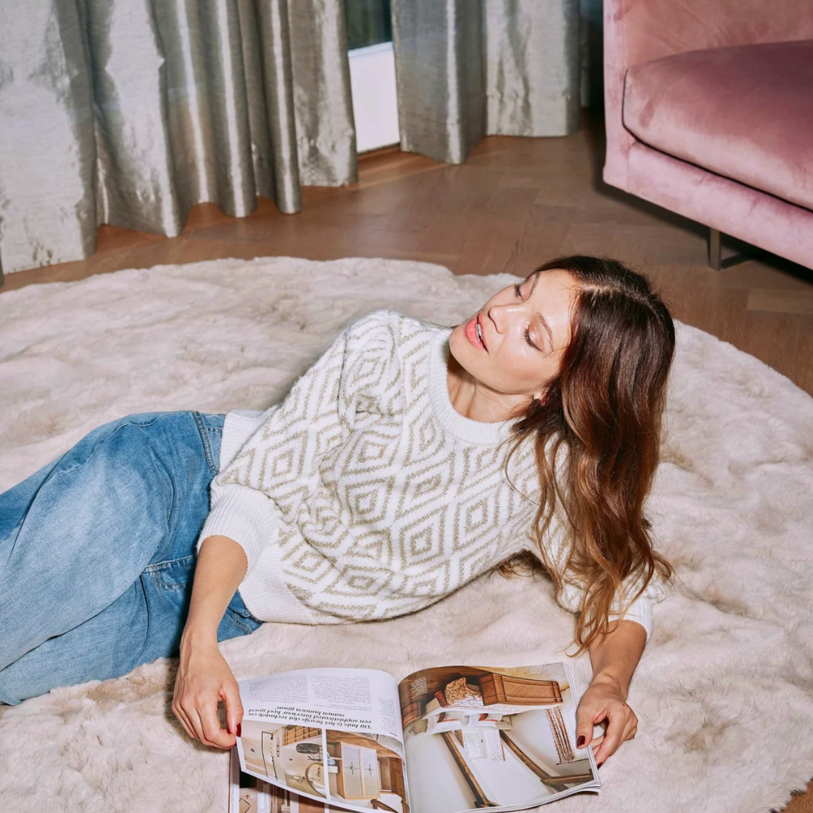 ZUSSS ZUSSS - Pofmouw trui met lurex nordic jacquard offwhite/goud