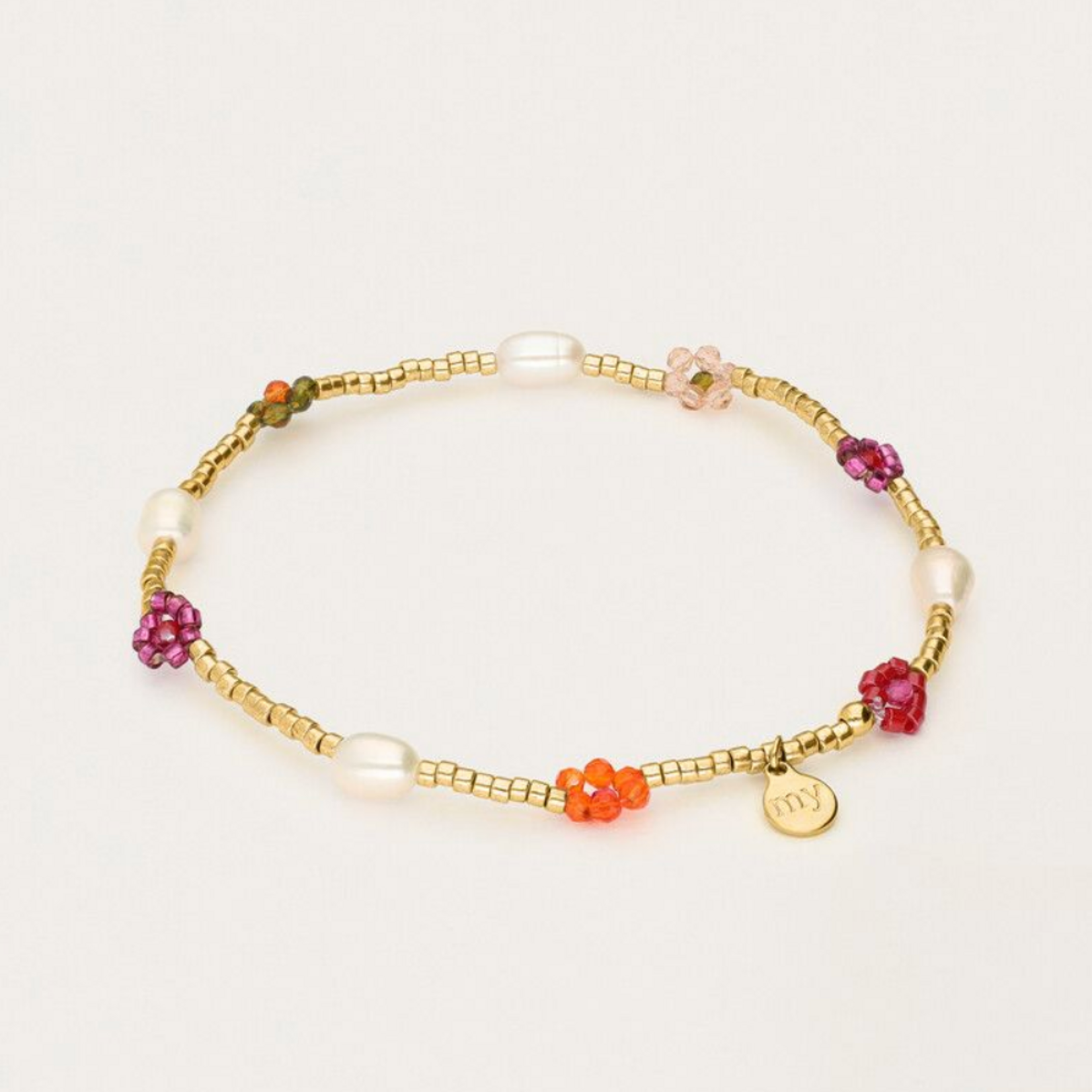 MY JEWELLERY MY JEWELLERY - Sunrocks elastieken armband met multikleur bloemen & zoetwaterparels goud