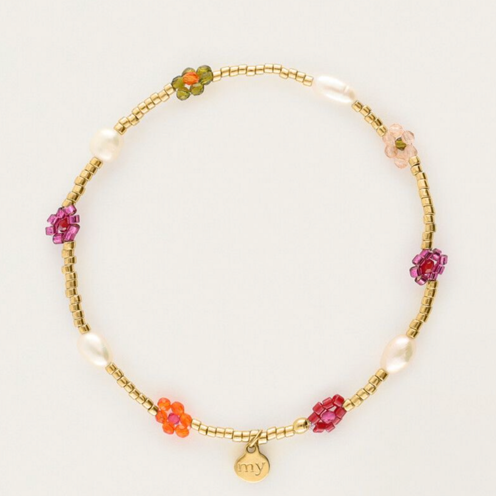 MY JEWELLERY MY JEWELLERY - Sunrocks elastieken armband met multikleur bloemen & zoetwaterparels goud