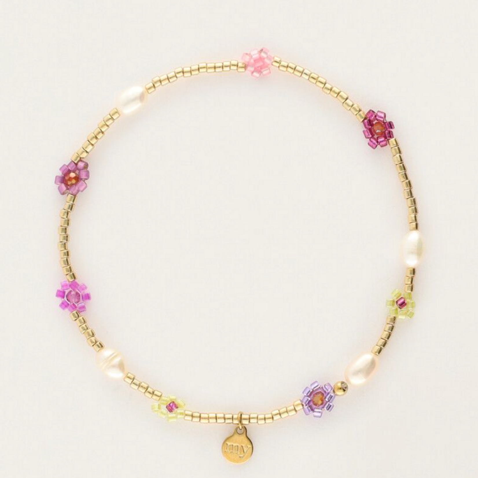 MY JEWELLERY MY JEWELLERY - Sunrocks elastieken armband met roze bloemen & zoetwaterparels goud