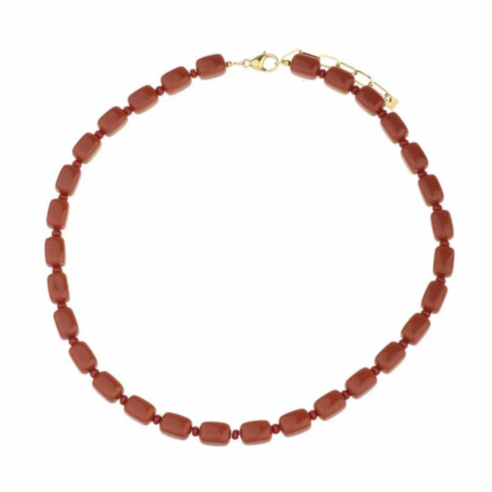 -- KETTING - Rechthoekige kralen bruin met rood