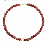 -- KETTING - Kralen rond bruin, rood en goud