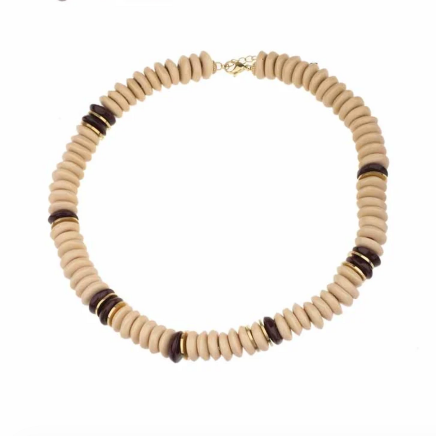 -- KETTING - Kralen beige + bruin/goud