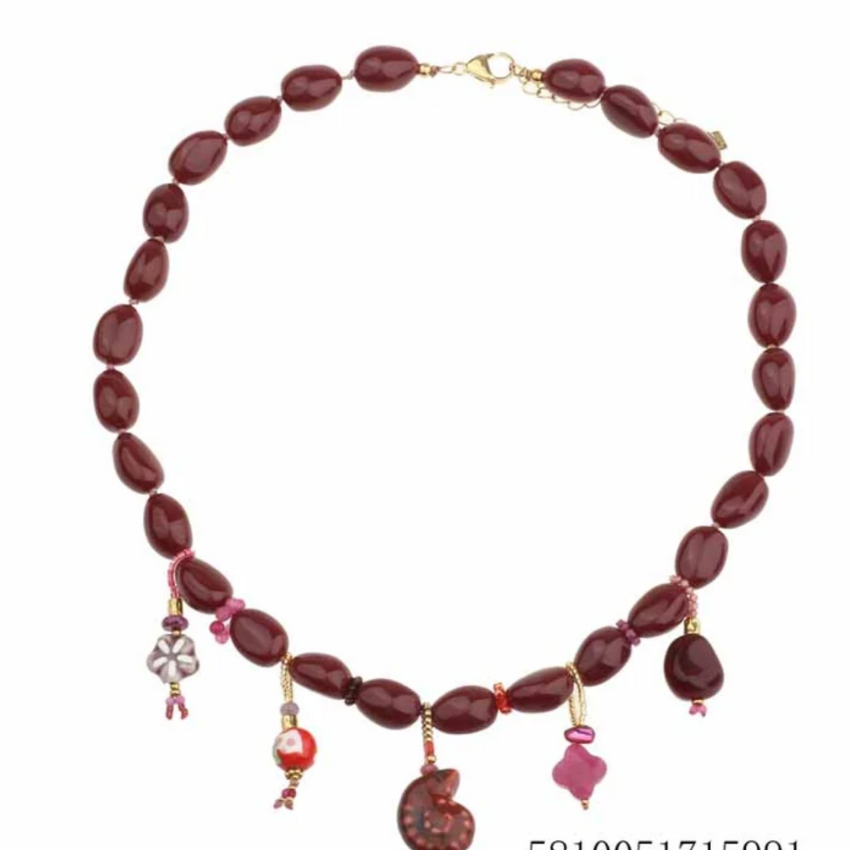 -- KETTING - Kralen met 5 bedels paars/roze