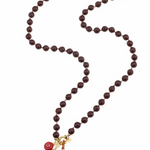 -- KETTING - Kralen bordeauxrood met bedels roze/paars