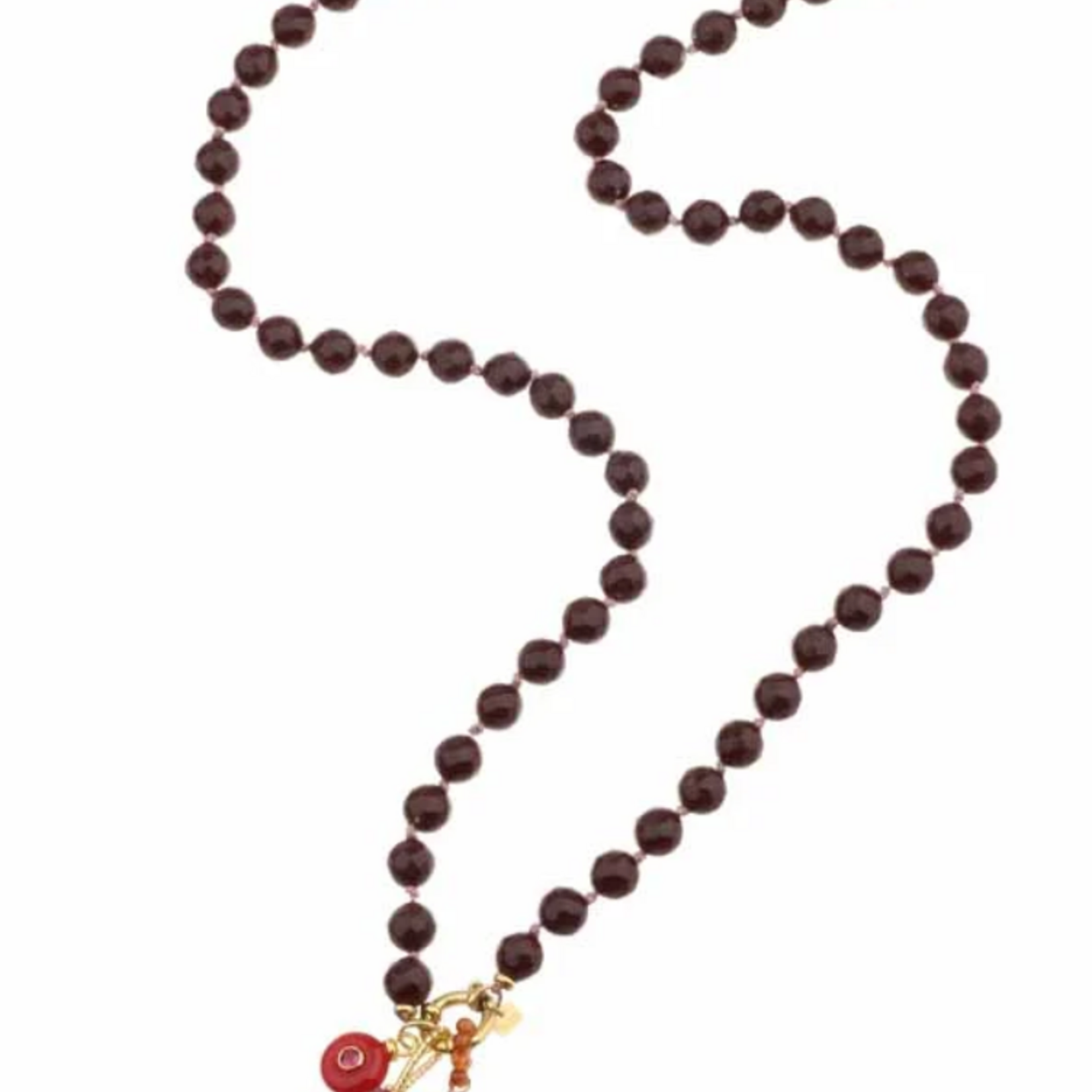 -- KETTING - Kralen bordeauxrood met bedels roze/paars