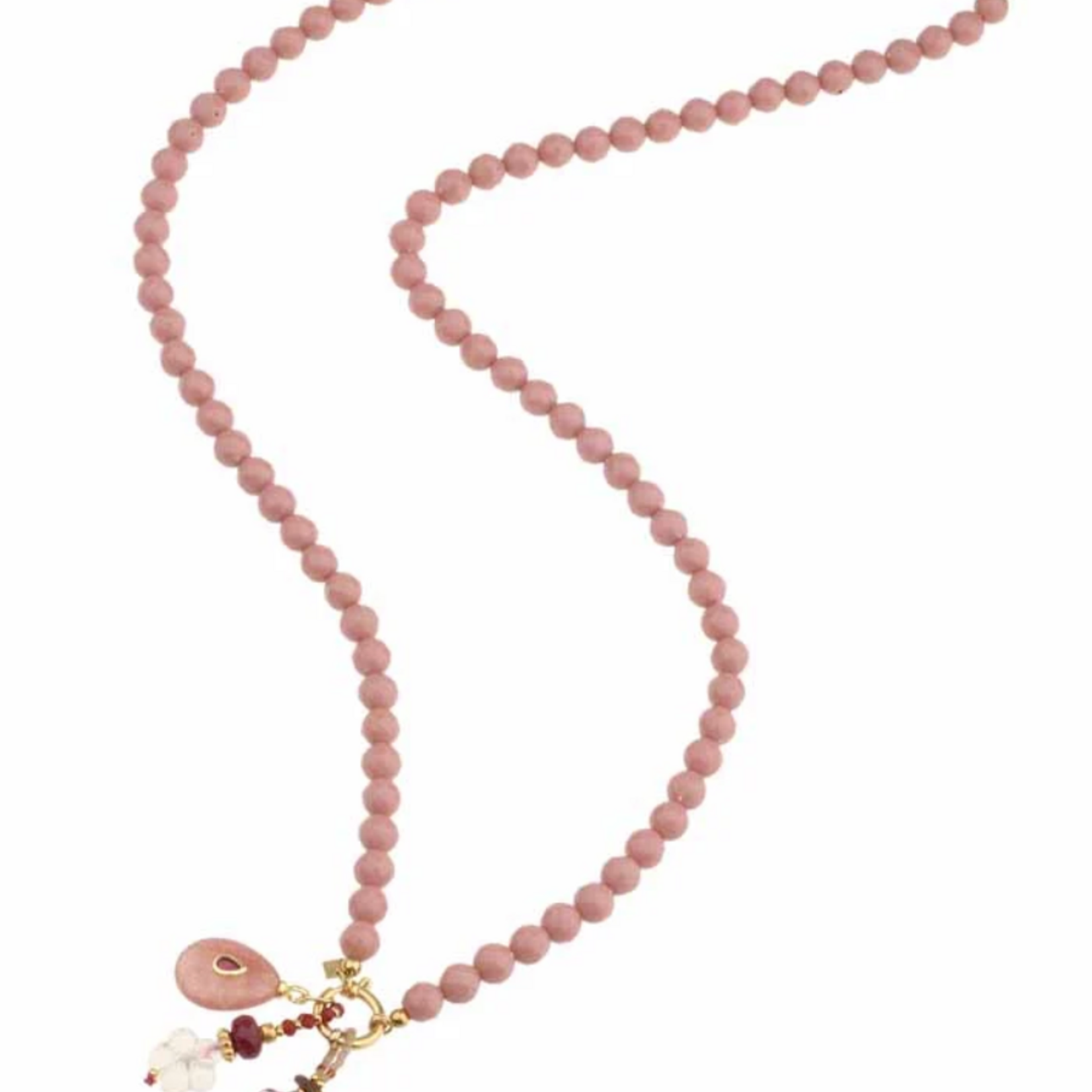 -- KETTING - Lang kralen roze met bedels transparant en lila