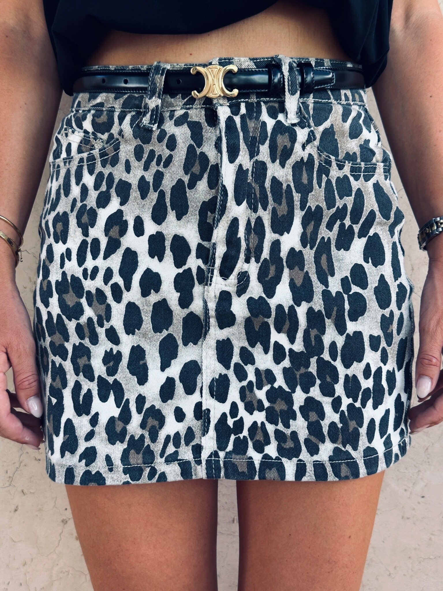 Raw Hem Leopard Denim Skirt