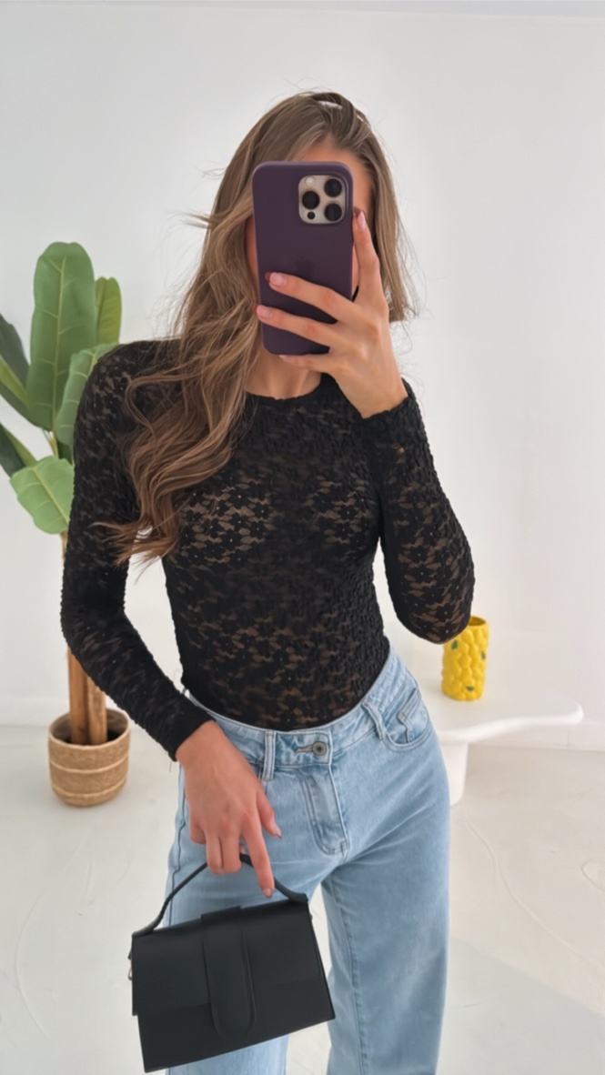 All The Assets Floral Lace Long Sleeve Top (Black)