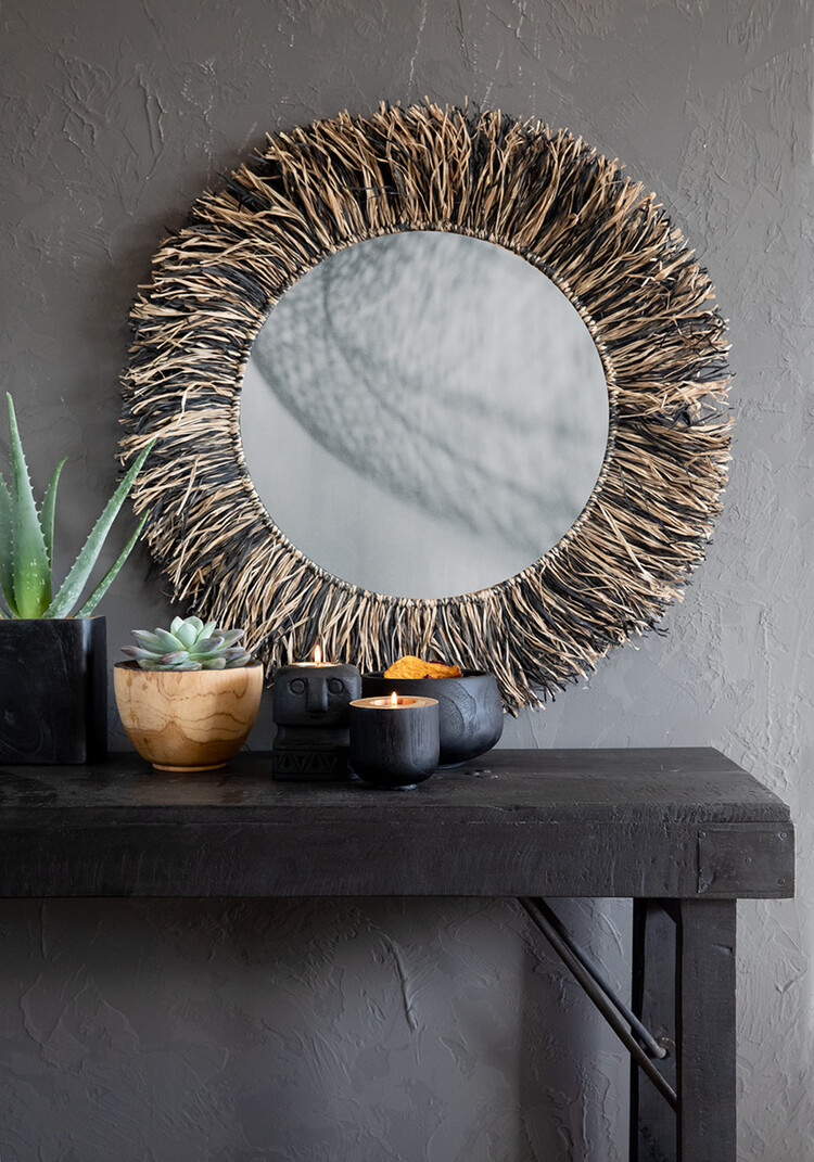 Bazar Bizar De Raffia Fringe Spiegel - Natuurlijk Zwart - L