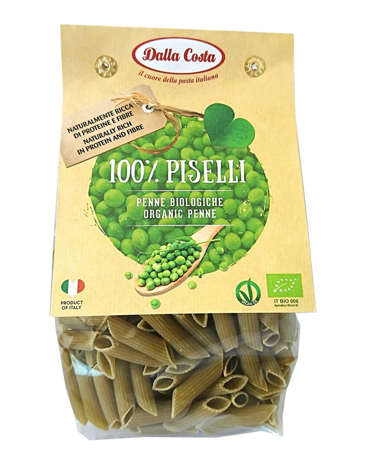 Biologische penne pasta groene erwten 250g Dalla Costa