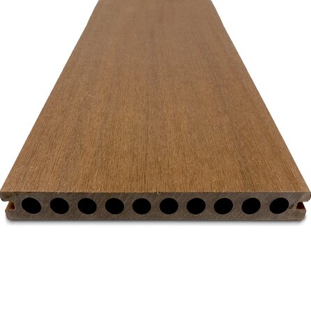 WPC Terrassendielen - hohl (nicht massiv) - Teak Optik - 23x210 mm - 1 Seite gehobelt / 1 Seite gebürstet (Optik) - Terrassendielen mit unsichtbarer Befestigung - Holzverbundstoff
