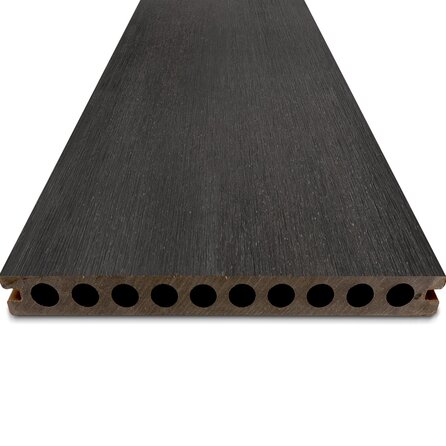 WPC Terrassendielen - hohl (nicht massiv) - Schwarz Ebenholz Optik - 23x210 mm - 1 Seite gehobelt / 1 Seite gebürstet (Optik) - Terrassendielen mit unsichtbarer Befestigung - Holzverbundstoff