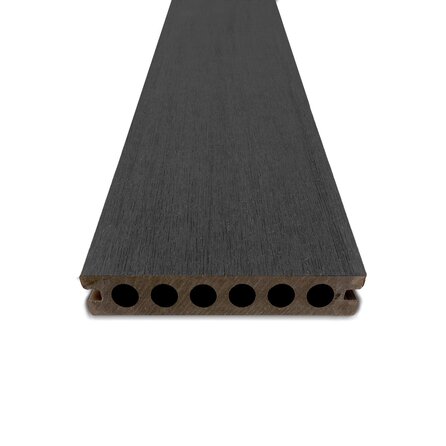 WPC Terrassendielen - hohl (nicht massiv) - Schwarz Ebenholz Optik - 23x138 mm - 1 Seite gehobelt / 1 Seite gebürstet (Optik) - Terrassendielen mit unsichtbarer Befestigung - Holzverbundstoff