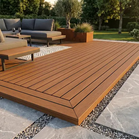 WPC Terrassendielen - Nutprofil - Teak Optik - 22x146 mm - 1 Seite gehobelt / 1 Seite gebürstet (Optik) - Terrassendielen mit unsichtbarer Befestigung - Holzverbundstoff