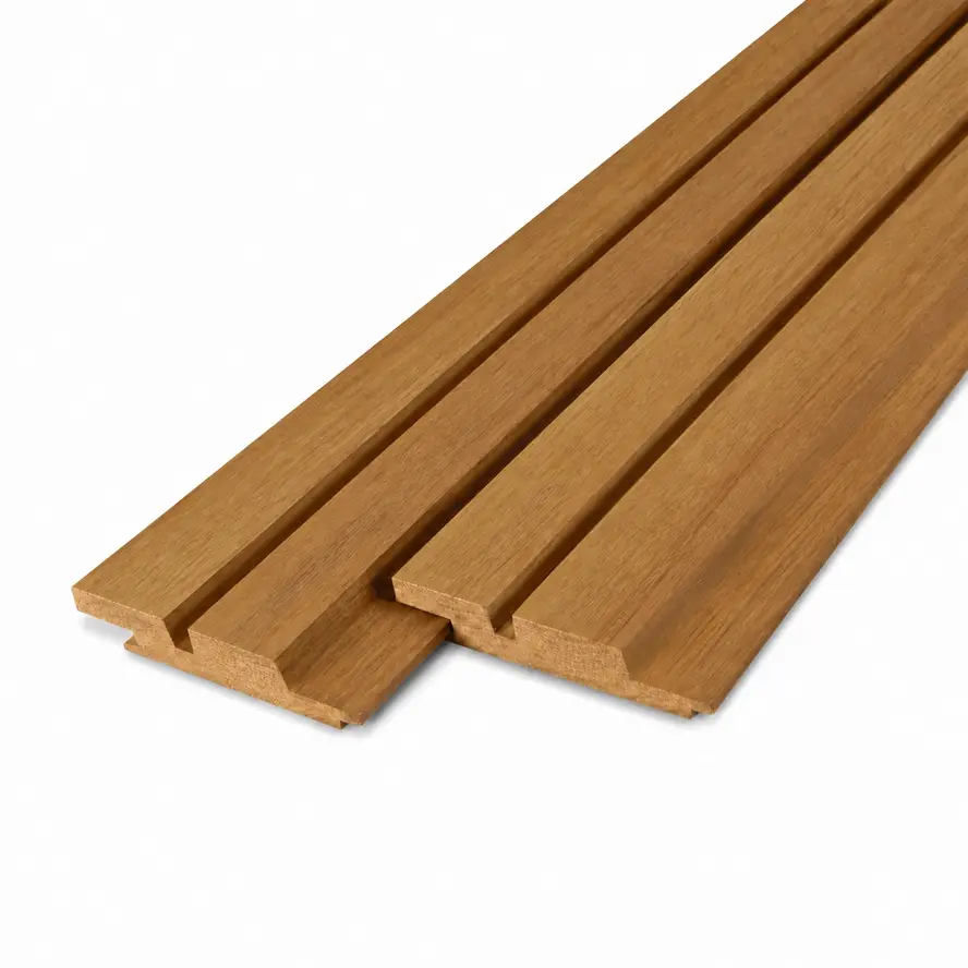 Guariuba Doppel-Blockprofil (50/50) mit Nut und Feder - 21x115 mm - Gehobelt - Doppel Block- / Raute- / Trapez- Profilholz - HF 18-20% (KD) Guariuba Doppel-Blockprofil (50/50) mit Nut und Feder - 21x115 mm - Gehobelt - Doppel Block- / Raute- / Trapez- Profilholz - HF 18-20% (KD)