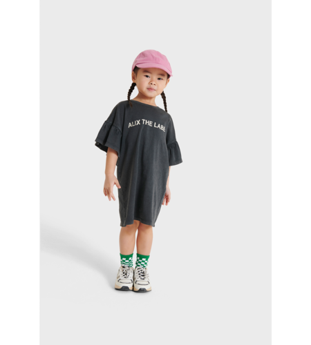 Alix Mini Kids Knitted Ruffle Sleeve Dress Charcoal Grey