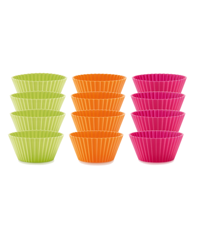 Lekue Set van 12 geribde muffinvormen uit silicone roze, oranje en groen ø 7cm H 3.5cm