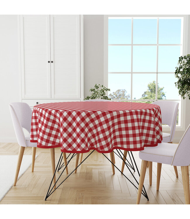 PVC Tafelzeil ruit   rood rond  160 cm